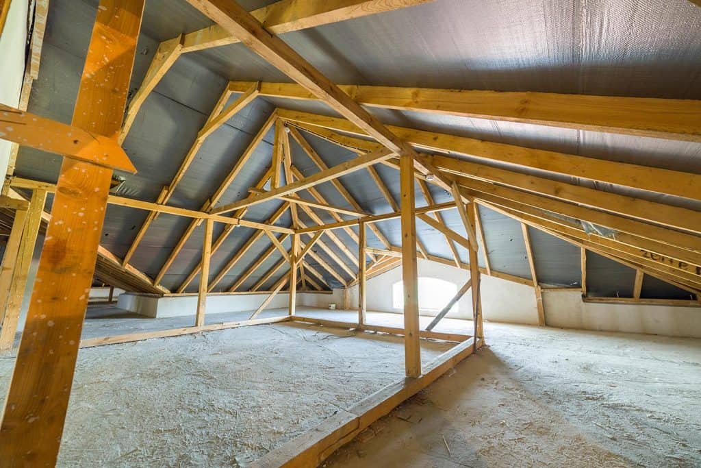Attic of a building with wooden beams of a roof structure