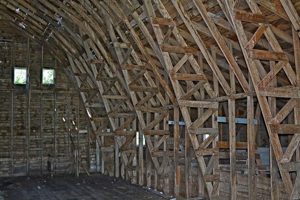 Gambrel roof truss detail in an old barn hay loft