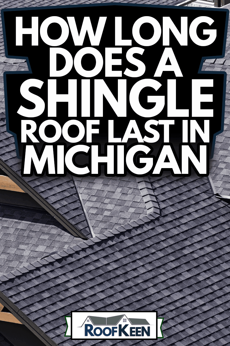 Rooftop in a newly constructed subdivision in Michigan showing asphalt shingles and multiple roof lines, How Long Does a Shingle Roof Last in Michigan
