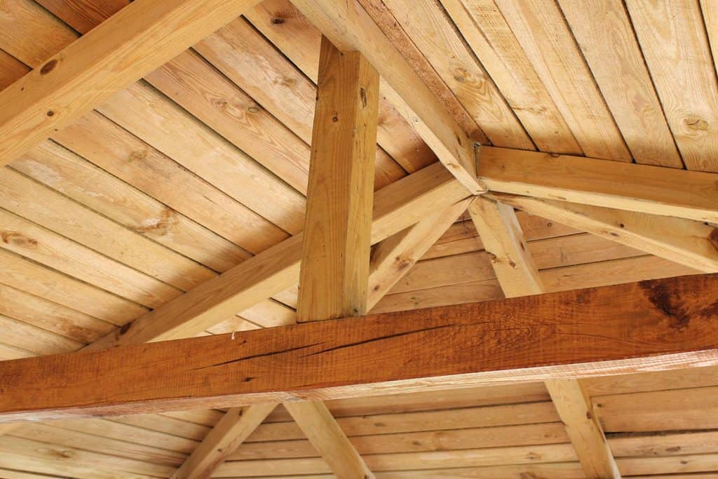 Interior view of a wooden roof structure