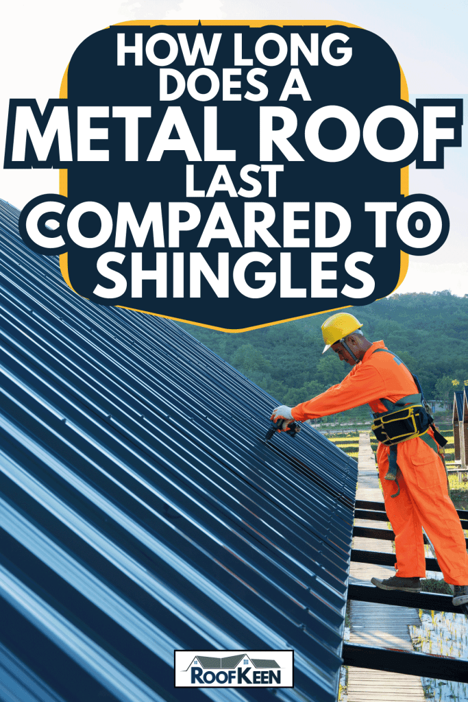 Roofer worker using air or pneumatic nail gun and installing new roof. How Long Does a Metal Roof Last Compared to Shingles