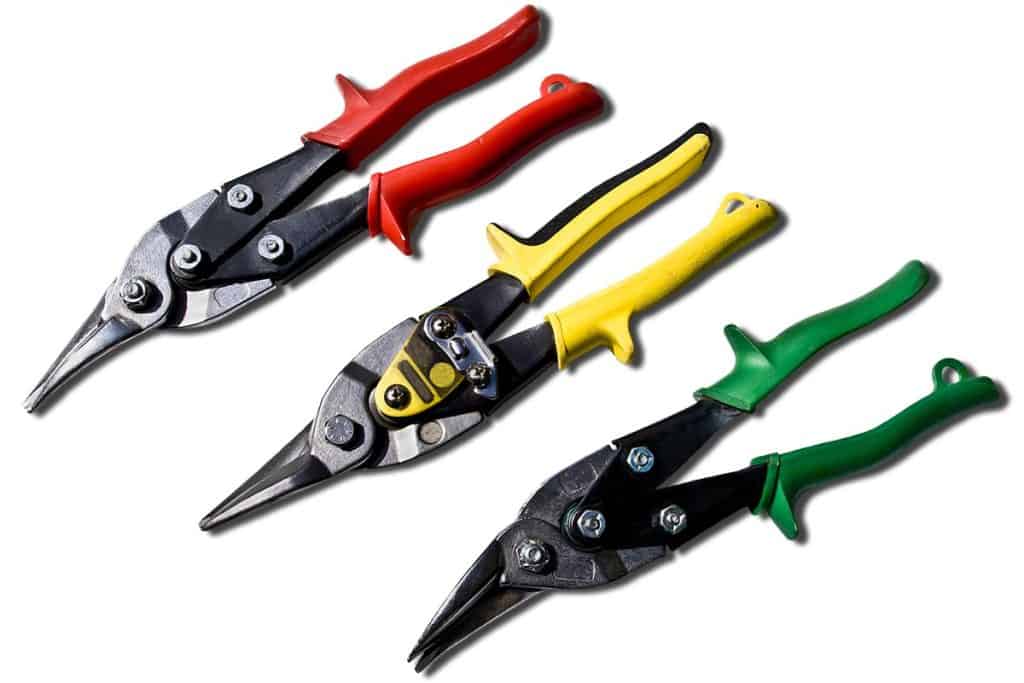 Three colored shears for cutting sheet metal