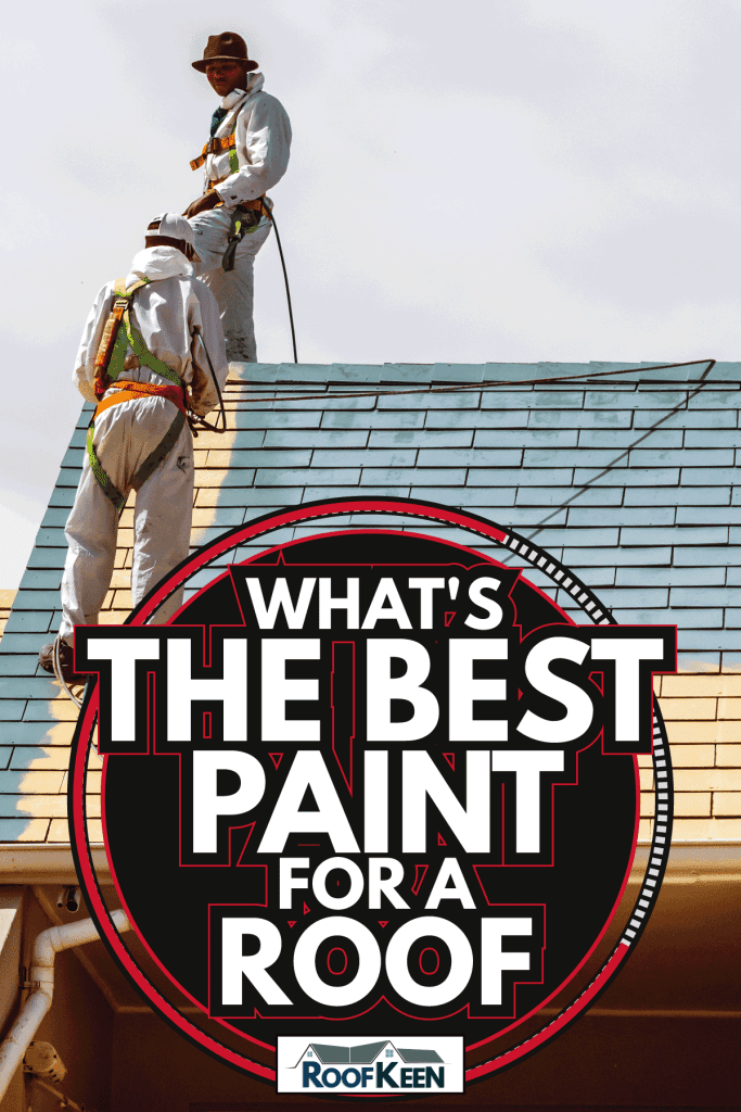 Two men painting a roof of a house, spray painting wearing protective clothing and masks. What's The Best Paint For A Roof