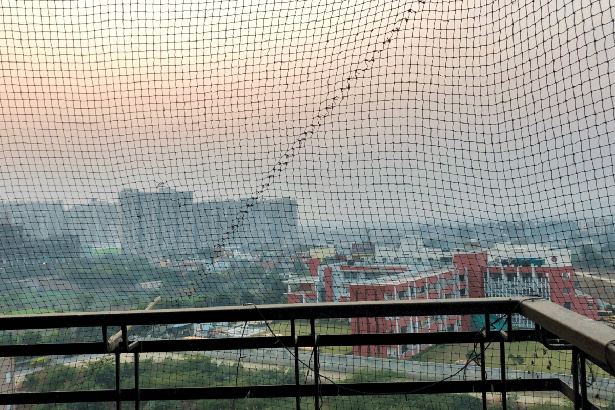 anti-bird netting on an apartment balcony