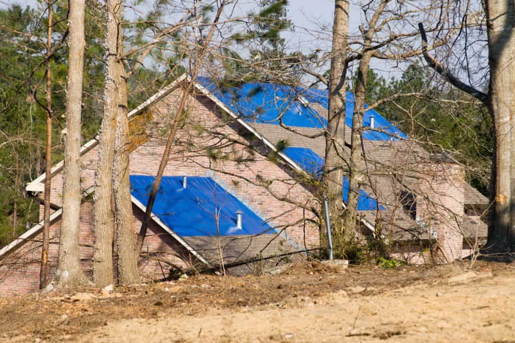 A house in the woods with a tarped roof