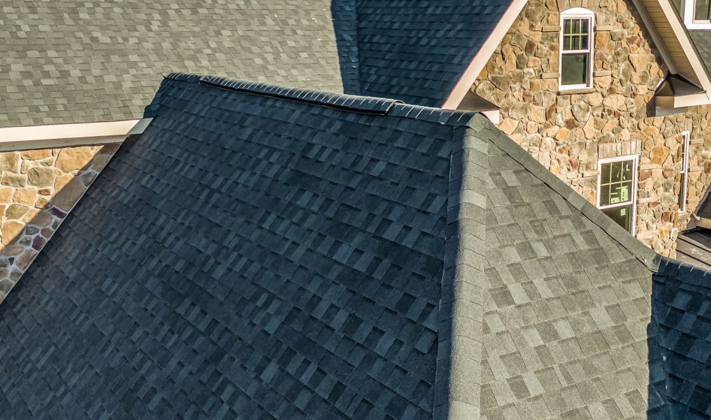 Aerial close up view of a modern asphalt shingle roof