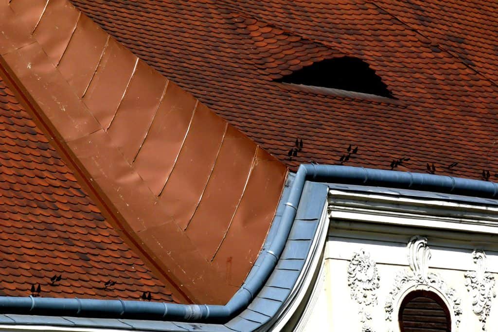 Copper flashing on the roof of a house