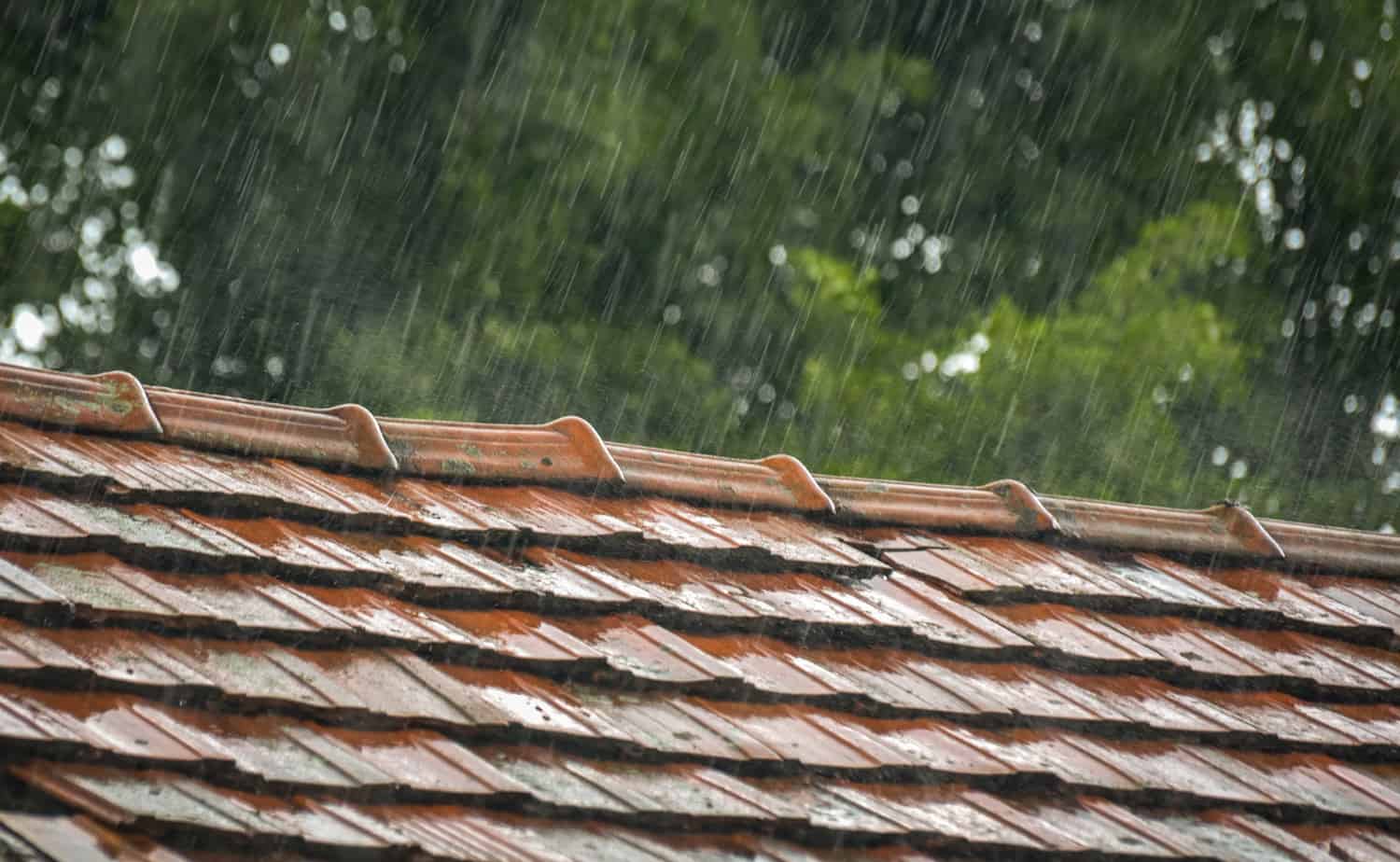 Heavy downpour over the tiled roof